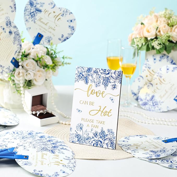Roowest Wedding Favors for Guests Bulk 100 Pcs Chinoiserie Japanese Wedding Hand Fans and 1 Table Sign Blue and White Portable Plastic Fan with Wooden Handle for Bridal Shower Party Favor Gift