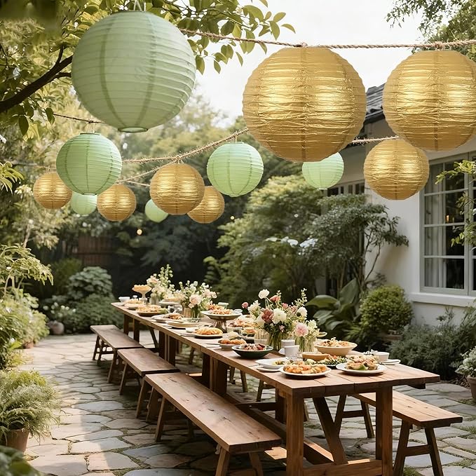 20Pcs Paper Lanterns Decorative, Sage Green and Gold Round Hanging Paper Lanterns Decorations for Rustic Party Bridal Shower Wedding Birthday Home Decor
