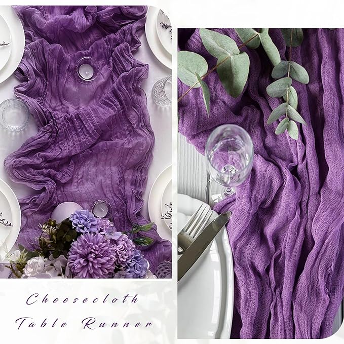 Purple 6 Pcs Cheesecloth Table Runner 10FT Runner for Tables Gauze Fabric 35 x 120 Inches Long Boho Table Runner Decoration Rustic Sheer Runner for Wedding Birthday Baby Shower Party (Purple)
