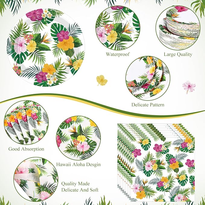 Funnymoom 452 Pcs Hawaiian Luau Party Decoration for 50, Tropical Aloha Paper Plate Napkin Cup Tablecloth Cutlery Palm Leaf Hibiscus Disposable Tableware for Summer Beach Floral Birthday Party Supply