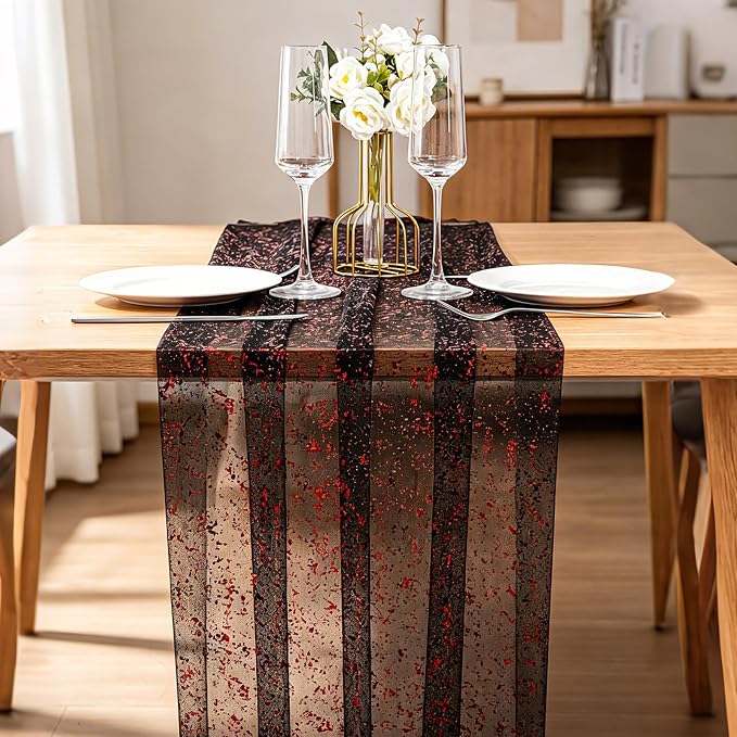 BINBE 3PCS Table Runner 10Ft Sheer Chiffon Fabric Cheesecloth Sequin Glitter Table Runner for Wedding Birthday Party Decor Black Red