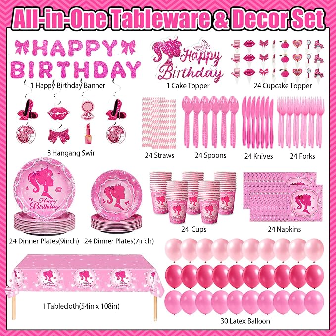 Pink Girls Birthday Party Decorations & Tableware Set | 257Pcs Serves 24 Guests, Includes Plates Cups Napkins Utensils Straws Tablecloth Cake Toppers Banner Hanging Swirls & Balloons (Pink Girls)