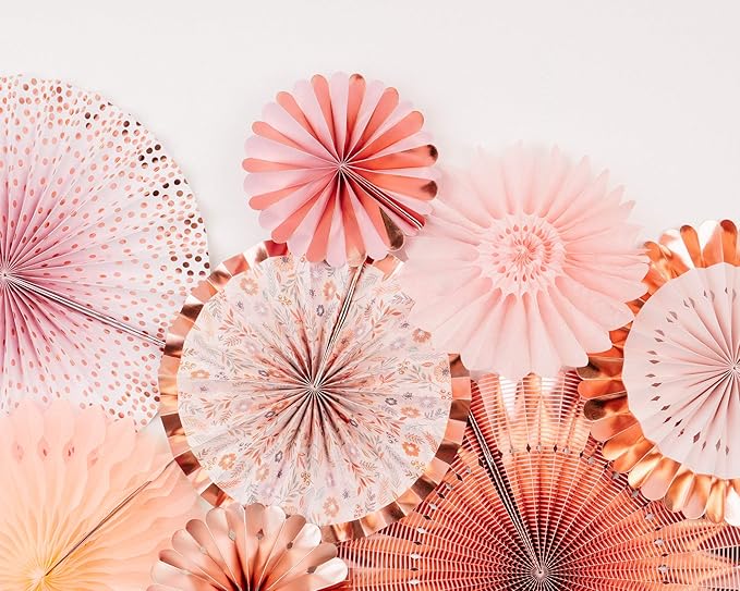 PapaKit 8-Piece Origami Paper Fan Set - Lustrous Pink Coral & Metallic Rose Gold | Reusable Hanging Pinwheel Wall Backdrop for Girls Birthday, Boho Baby Shower, Wedding & Bridal Party Decorations