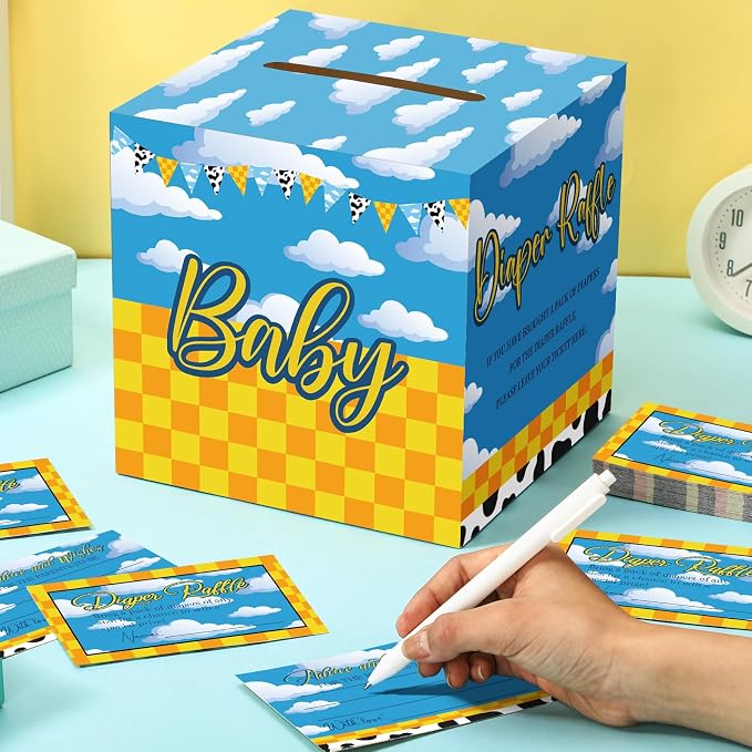 Teling 51 Pieces Diaper Raffle Tickets with Card Box Baby Shower Decorations Gender Reveal Holder Box for Girl Boy Diaper Raffle Party (Cartoon)