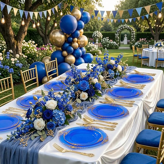 102PCS Blue Plastic Plates - Royal Gold Disposable Plates - Clear Blue Party Plate - Heavyweight Disposable Plate with Gold Rim - Fancy Dinner & Dessert Plates for 51 Guests Party Wedding