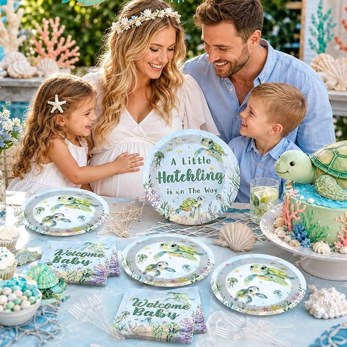 96 Pcs Sea Turtle Baby Shower Party Decorations A Little Hatchling is on The Way Paper Plates and Napkins Forks Under The Sea Ocean Party Supplies for Welcome Baby Shower Birthday Serves 24 Guests