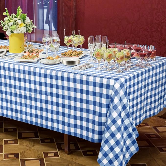 Kochorie 54 Inch x 100 Ft Blue Checkered Plastic Table Cloth Roll Disposable Waterproof Table Cover Plastic Table Cover Roll with Easy Slide Cutter for Outdoor Picnic/Home Dining/Summer Party
