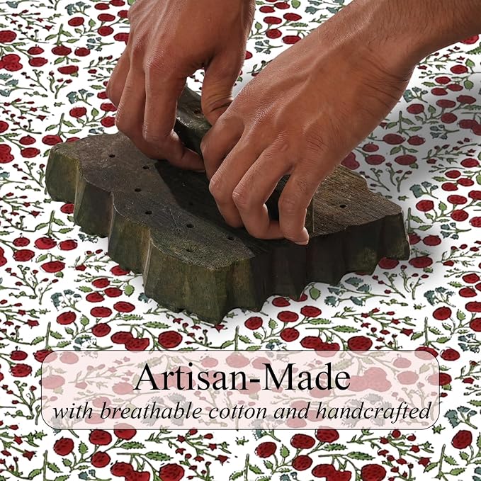 Ridhi Garnet Red Hand Block Print Cotton Rectangle Tablecloth 108" x 70" inches Reusable Table Cover Decorative Everyday Use for Dining Room, Farmhouse, Home Gift for Spring, Mother's Day