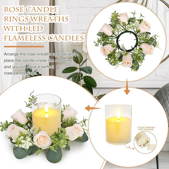 Artificial Flowers Candle Rings, 2 Sets Roses Rings Wreaths with LED Flameless Candles Artificial Eucalyptus Leaves for for Tables Chairs Valentine's Day Wedding Banquet Decor - Champagne