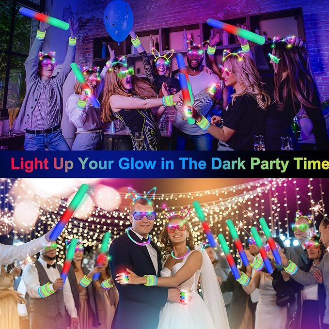 OLUPP 282 PCS Glow in the Dark Party Supplies, 18 Foam Sticks, 18 LED Glasses, 200 Glow Sticks, 30 Finger Lights, 8 Bunny Ear Headband and 8 LED Cat Ear Headband for Wedding,Birthday,Concert,New Year