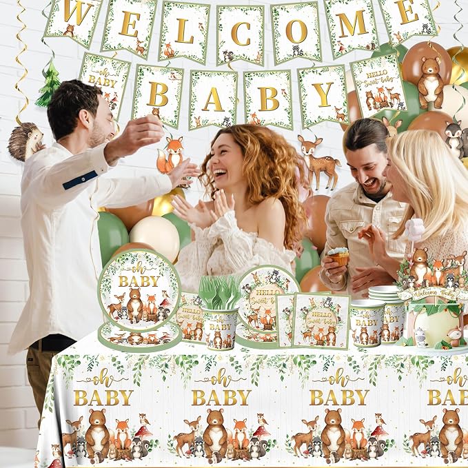 Woodland Baby Shower Decorations,196pcs Woodland Baby Shower Plates and Napkins Cups Sage Forest Animals baby Shower Tablecloth Cake Toppers Balloons for Boy Babys Shower Decorations