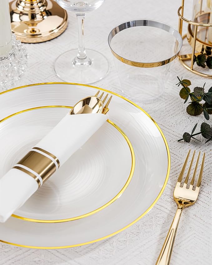 Morejoy 175PCS Pearl White and Gold Plastic Plates - Disposable Gold Party Plates & Pre Rolled Napkins with Cutlery for 25 Guests, 50Plates, 75Silverware, 25Cups, 25Napkin for Party & Mother's Day