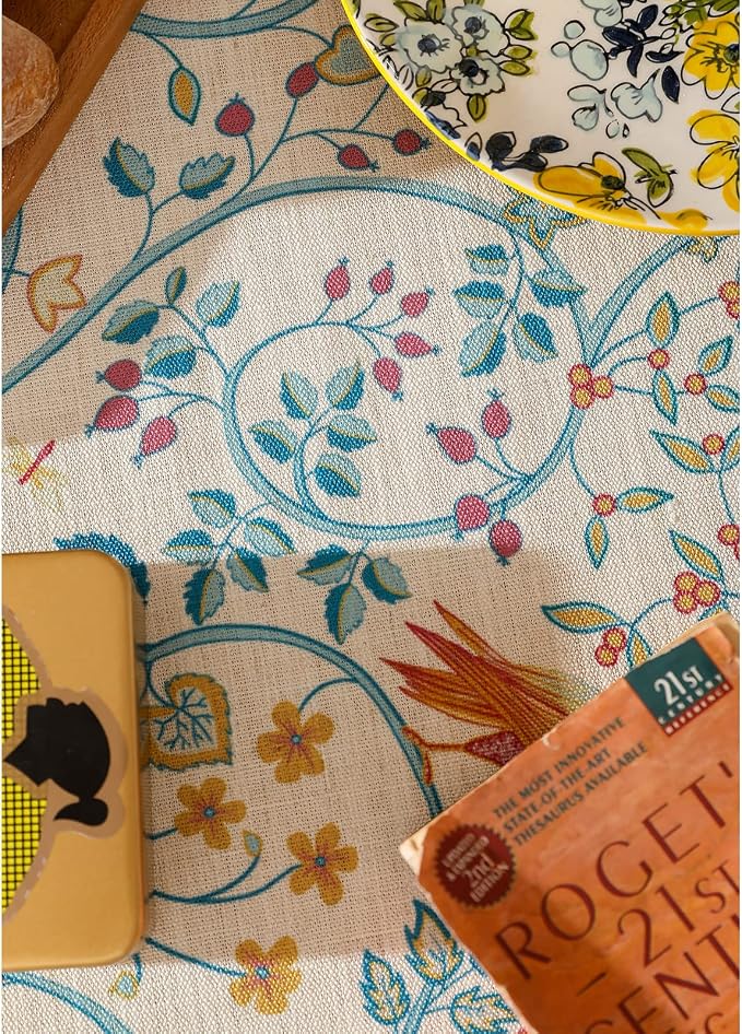 patdrea Vintage French Linen Tablecloth,Rectangular,118"x67"-Magnolia | Colorful Elegant Long Table Cloth for Rectangle Table,Yellow Floral Bird Print,Dining Room Tea Party Decoration,Durable