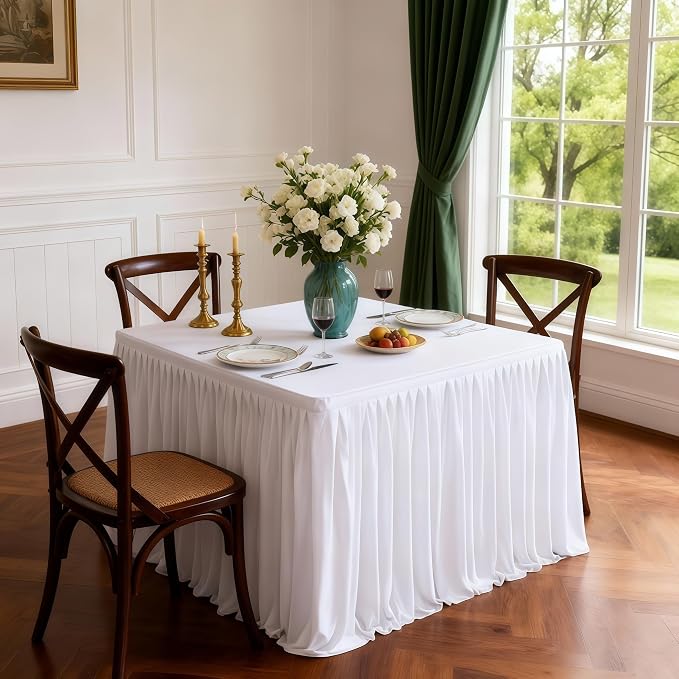 Wish Care 2 Pack White Square Table Clothes for 34 x 34 inch Tables, Polyester Fitted Tablecloths Stretch Table Cover for Wedding, Birthday, Parties, Trade Show, Craft Show