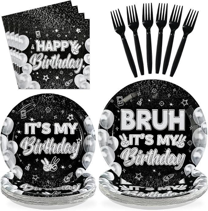 96pcs Bruh It's My Birthday Decorations Black and White Birthday Plates and Napkins for Teen Boys Black and Silver Birthdays Graduation 2026 Party Decorations