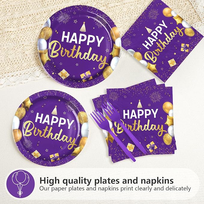 96Pcs Purple and Gold Birthday Party Decorations for Women Purple and Gold Happy Birthday Plates and Napkins Sets Princess Decorations for Girls Lady Bday Party Supplies Serves 24