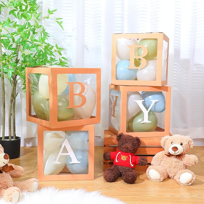 Zhanmai Baby Boxes for Bear Baby Shower Decoration with 4 Letters 36 Balloons 4 Transparent Clear Balloon Box Blocks for Boy Girl Balloon Boxes Gender Reveal Party Favors (Green,Yellow,Blue,White)