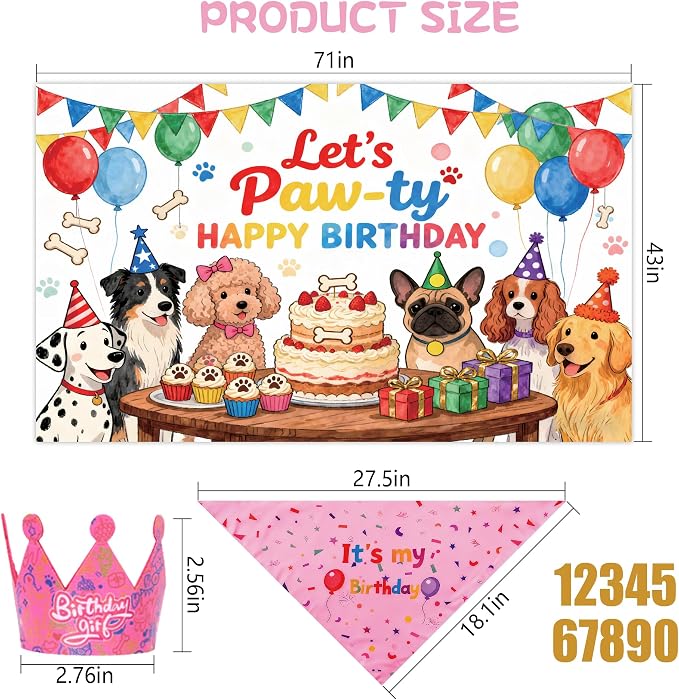 Dog Birthday Party Supplies,72X43Inch Let's Pawty Dogs Kids Birthday Party Banner Birthday Girl Cake Bandana Triangle Scarf Party Hat with Numbers for Large Medium Small Dog