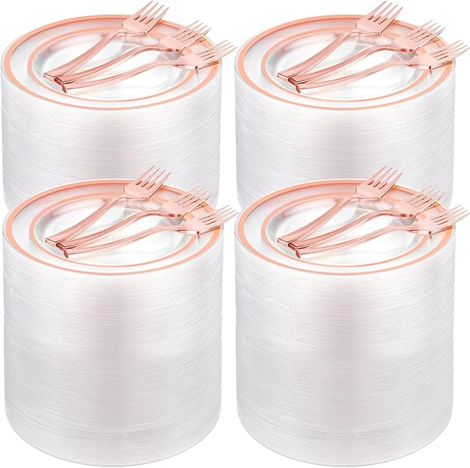 300 Pcs Rose Gold Plastic Dessert Plates Set 150 Clear Disposable Dessert Plates 6 Inch and 150 Plastic Appetizer Forks for Wedding Birthday Party Baby Bridal Shower(Rose Gold)