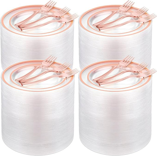300 Pcs Rose Gold Plastic Dessert Plates Set 150 Clear Disposable Dessert Plates 6 Inch and 150 Plastic Appetizer Forks for Wedding Birthday Party Baby Bridal Shower(Rose Gold)