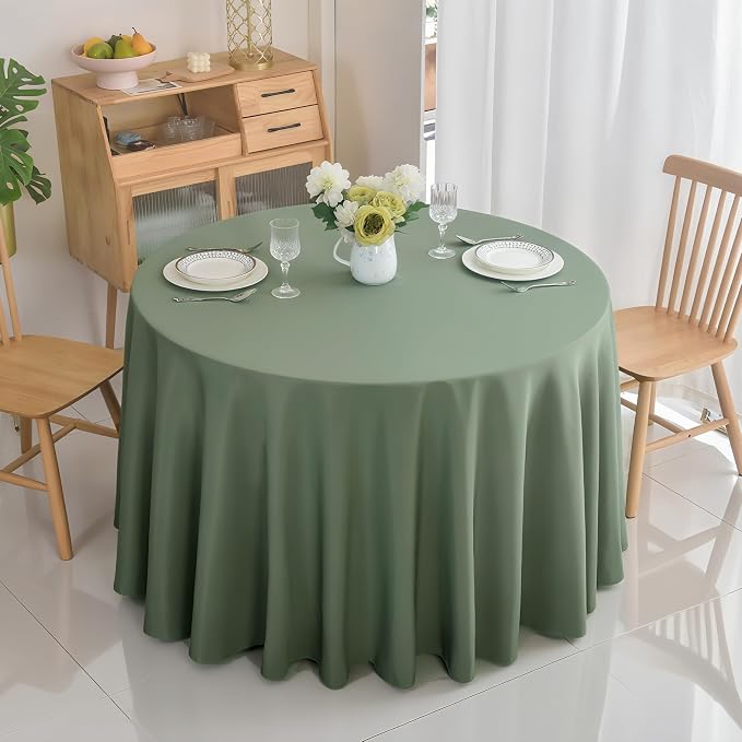 2-Pack Round 108-inch Sage Green Table Cloths, Solid Stain and Wrinkle Resistant Circular Tablecloth, Premium Plain Weave Polyester Fabric Table Linen Covers for Hotel, Banquet