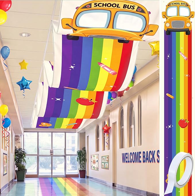 Feifeiya 3 Pcs 36 ft Rainbow Back to School Hanging Ceiling Decor Rainbow Cloud and Bus Ceiling Banner Hanging Bunting for Back to School VBS Birthday Party