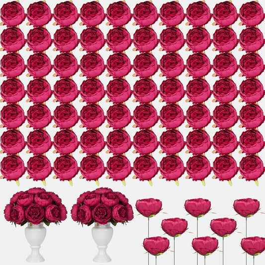 Suncalla 100 Pcs Artificial Peony Flower Bulk Silk Peony Flowers Heads with Stems Realistic Fake Roses for DIY Wedding Craft Bridal Bouquets Table Centerpieces Vase Home Decor (Burgundy,3.5 Inch)