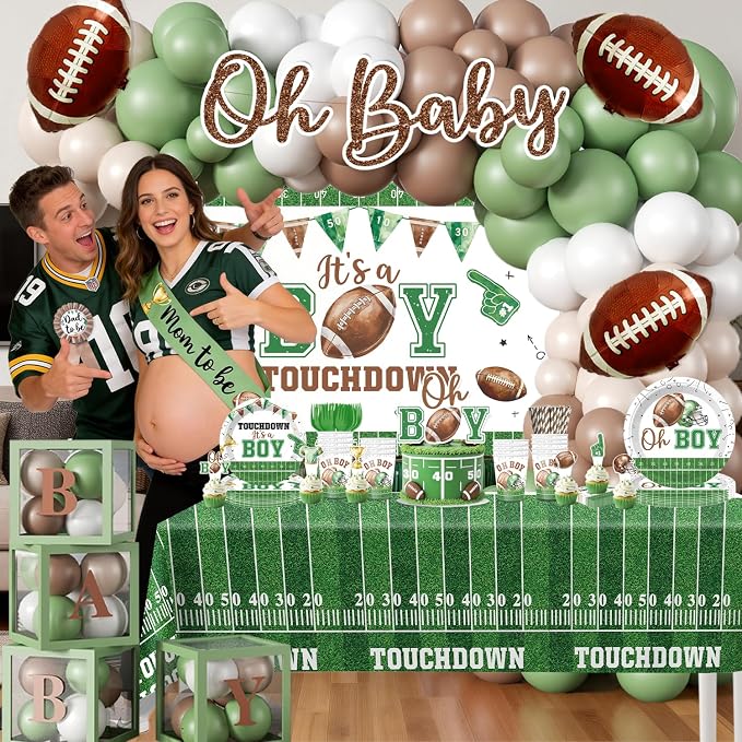 Cocomigo 287pcs Football Baby Shower Decorations for Sports Fans, All-in-one Green Football Baby Shower Set for 25 Guests, with Balloon Arch Thick Plates Tablecloths and Cupcake Toppers