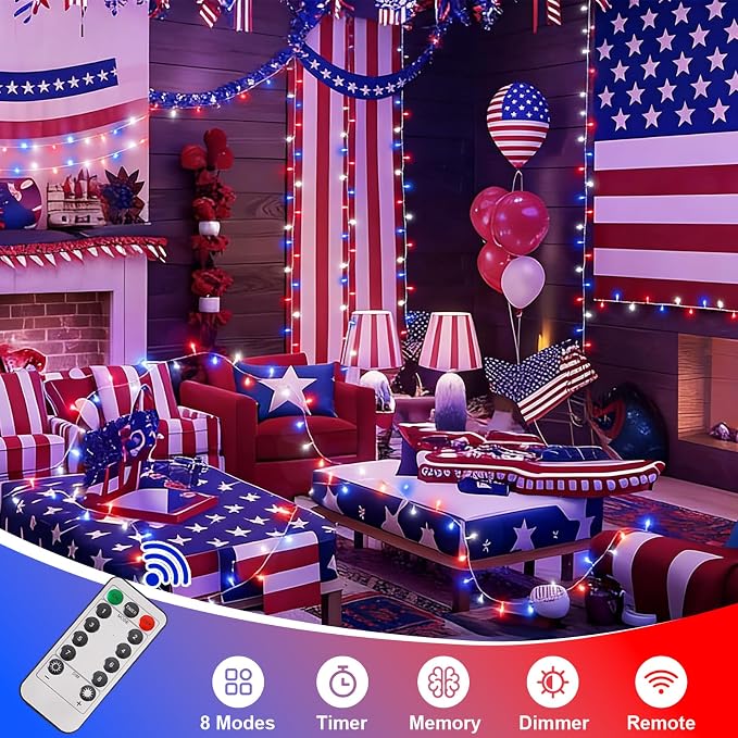 QITONG 2 Pack Red White and Blue Battery Operated Lights, Each 33ft 100 LED 4th of July String Lights Outdoor, Clear Wire Twinkle Light with Remote for Patriotic Independence Memorial Day Decor