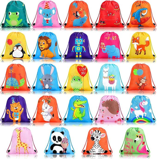 Shappy 24 Pack Drawstring Party Favors Bags Cartoon Animal Candy Goodie for Boys Birthday Kids Gift Return Girls Supplies