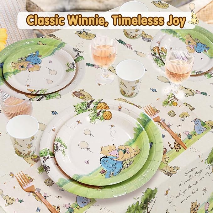 192pcs Winnie Birthday Decorations, Vintage Winnie Bear Plates Napkins Cups Forks Tablecloth Balloons Banner Hanging Swirls Cupcake Toppers for Boy Girl Party Supplies 25 Guests