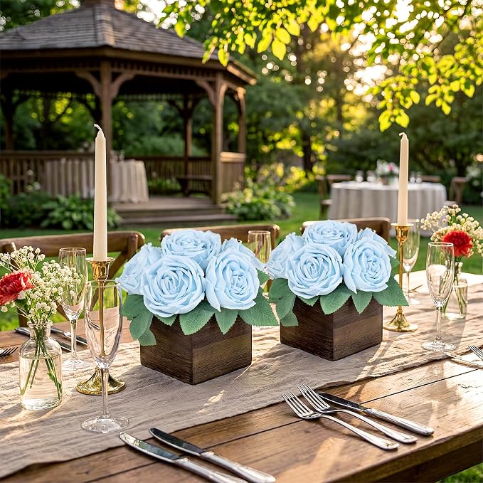 Dining Table Centerpiece Set of 6 - Pre-Made Aritifial Rose with Wooden Vase Fake Floral Arrangment Faux Flower for Wedding Bridal Tea Party Event Decorations - Blue