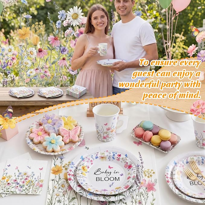 Pickmesh 252 Pcs Baby in Bloom Tea Party Supplies for 36 Guests Wildflower Paper Disposable Dinnerware Flower Teacup with Handle and Saucers Set for Tea Party Decorations Birthday Baby Shower Wedding