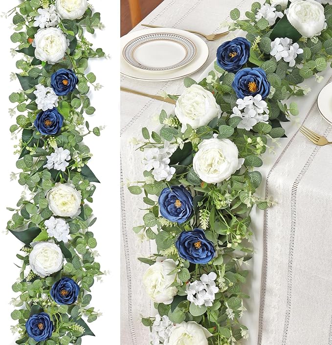 Betylifoy 2 Pack 12Ft Blue White Flower Garland Artificial Eucalyptus Flower Garlands Fake Peony Rose Floral Vines Silk Hydrangea Hanging Vine Greenery Garland for Wedding Party Table Backdrop Decor