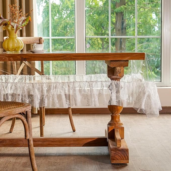ARTABLE Vinyl PVC Rectangle Tablecloth Waterproof Clear Table Cover with Champagne Lace Macrame Border for Wedding Kitchen Home Outdoor Indoor Holidays Party Decor (Offwhite-1, 60 x 104 Inch)