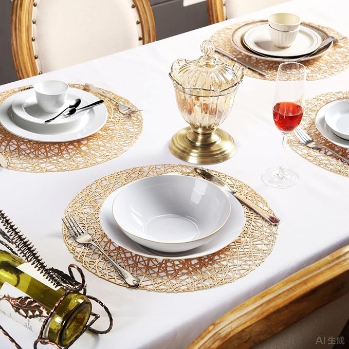 Sieral 48 Packs Gold Round Placemats 15 Inch Hollow Out Pressed Vinyl Place Mats Heat Resistant Woven Gold Placemats for Christmas Dinner Table Winter Holiday Party Wedding Centerpiece Decoration