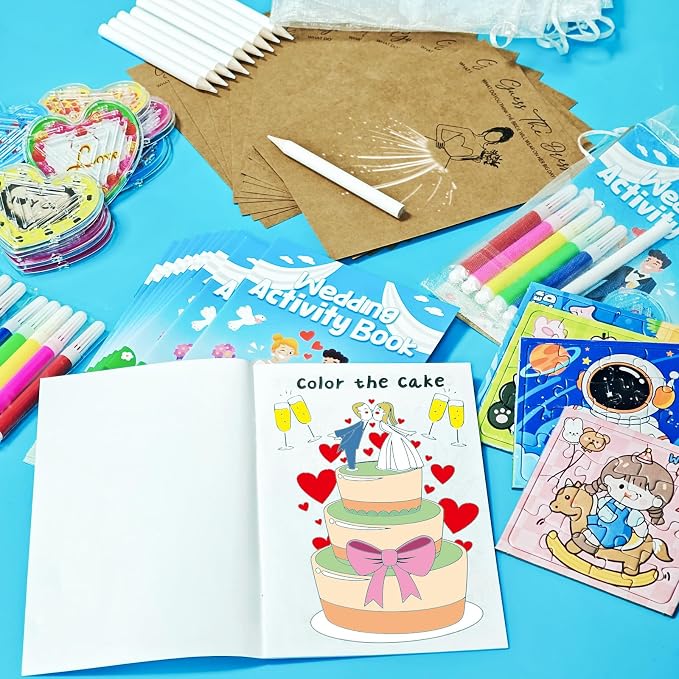 Cinrobiye Wedding Activity Book Set with Coloring Pages, Guess the Dress Cards and Table Games for Wedding Reception, Bridal Shower and Guest Table Activities
