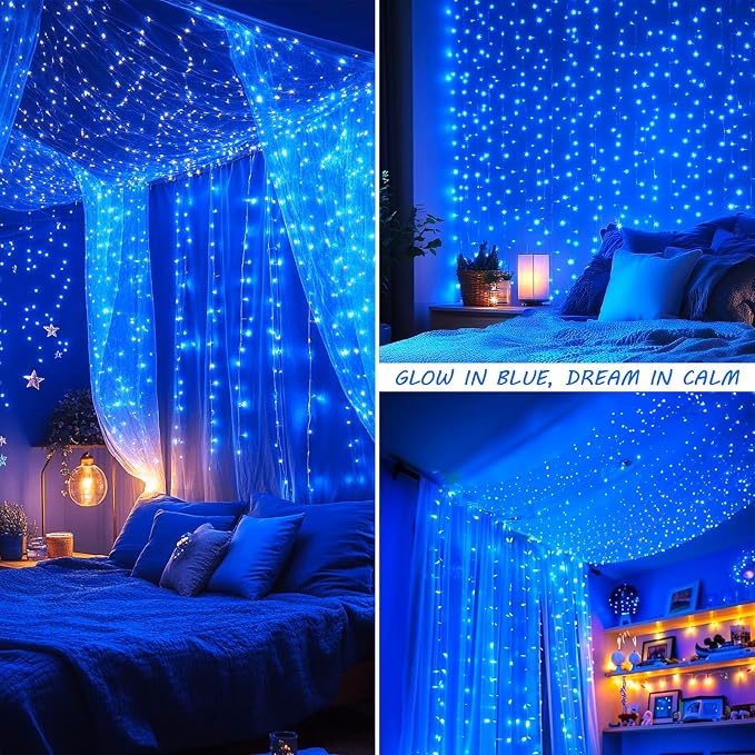 HEYFUNi Blue Christmas Curtain Lights Plug in, 304 LED 9.8FT x 9.8FT | 8 Modes Blue Bachdrop Lights with Memory, Hanging String Lights for Bedroom, Wedding, Christmas, Party, Patio, Dorm Decor