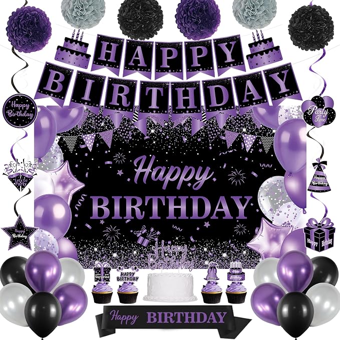 DARUNAXY Purple Birthday Party Decorations Set | Happy Birthday Banner & Sash, Balloons Pom Poms Cake Topper Hanging Swirl Decor, Birthday Gifts Party Supplies for Women Girl