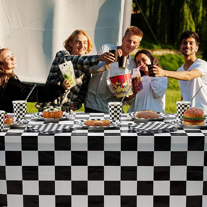Funnymoom 452 Pcs Checkered Flag Party Supplies for 50 Guests, Black and White Checkered Paper Plates Napkins Cups Tablecloth Cutlery Straws for Race Car Birthday Party Decorations
