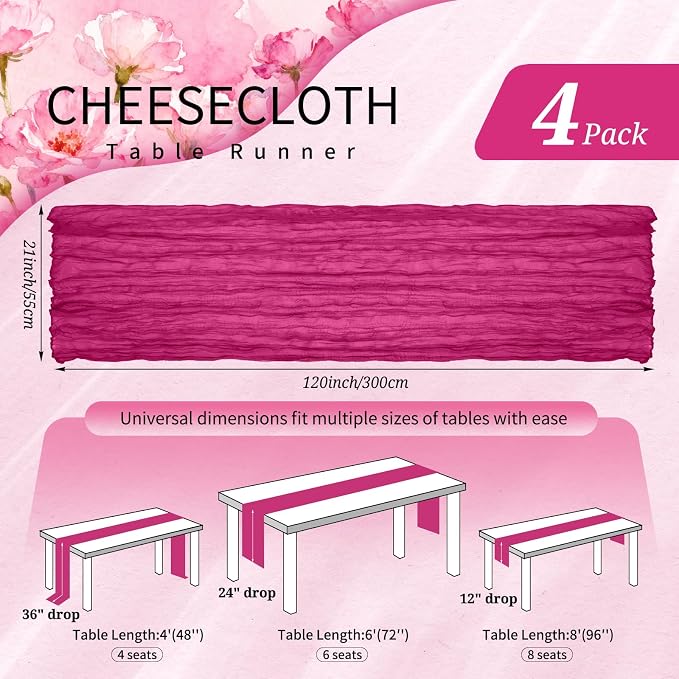4 Pack Cheesecloth Table Runner 10FT Fuschia Table Runner Boho Gauze Cheese Cloth Table Runners Long Rustic Sheer Table Decorations for Wedding Party Baby Bridal Shower Birthday Holiday Spring