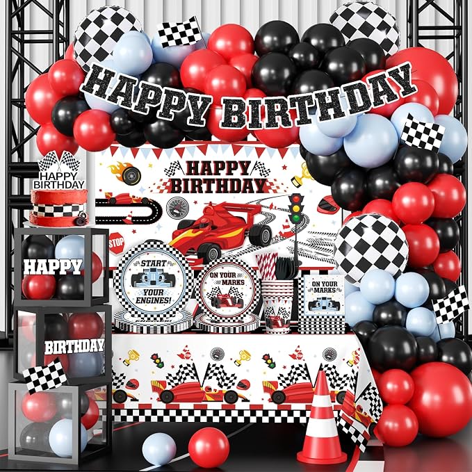 Race Car Birthday Party Decorations for Boys, 293PCS All-in-One Car Themed Birthday Party Decorations Set for 25 Guests, with Balloon Arch, Banner, Plates, Tablecloths and Cupcake Toppers