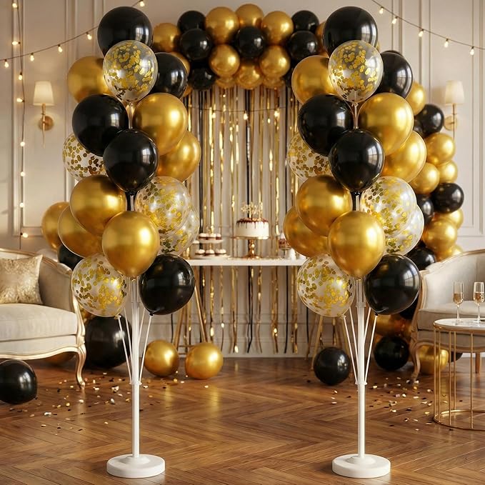 Balloon Column Kit Set of 2 With Confetti Balloons Included - with Base, and Pole,Balloon Tower Backdrop Decoration for Wedding, Baby Shower, Birthday Party, or Bachelorette Parties (Black Gold)