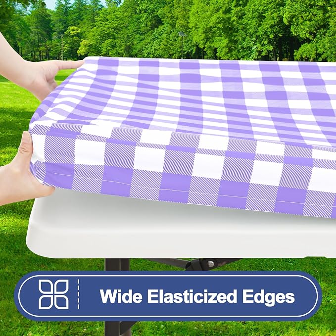 Smiry Picnic Table Cloth 4 Pack, Waterproof Elastic Fitted Tablecloths for 8FT Rectangle Tables, Washable Polyester Buffalo Plaid Tablecloth for Camping, Dining & Outdoor (Purple & White, 30" x 96")