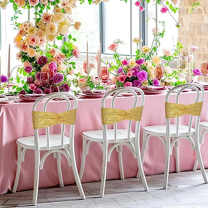 Poise3EHome Gold Sequin Chair Sashes Folding Chair Covers Bow for Party Wedding Reception Decorations, 20 PCS