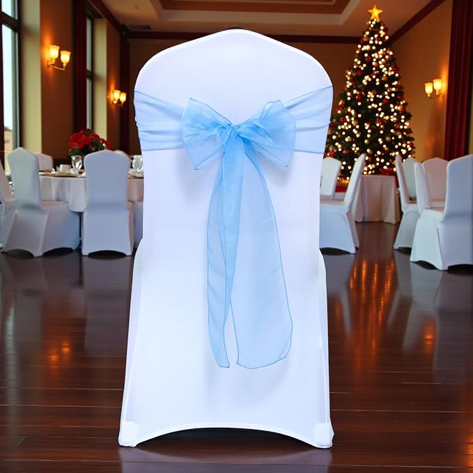 MDS® Pack of 50 Organza Chair Sashes for Wedding Decoration, Reusable Sheer Chair Bows for Banquet Chair Cover, Reception, Bridal Shower, Baby Shower, Birthday Party & Special Events - Baby Blue