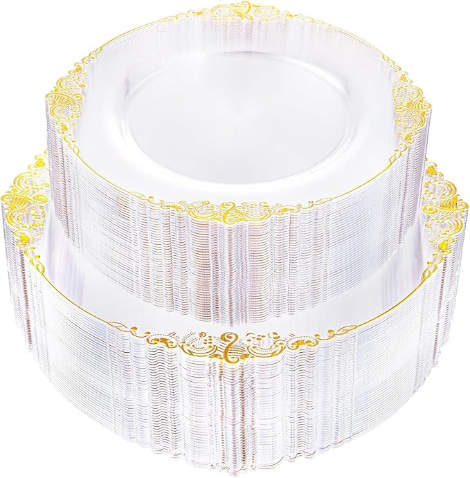 102PCS Clear Gold Plastic Plates - Clear Disposable Plates with Gold Rim - Elegant Party Plate Include 51PCS Dessert Plates, 51PCS Dinner Plate for Weddings & Parties