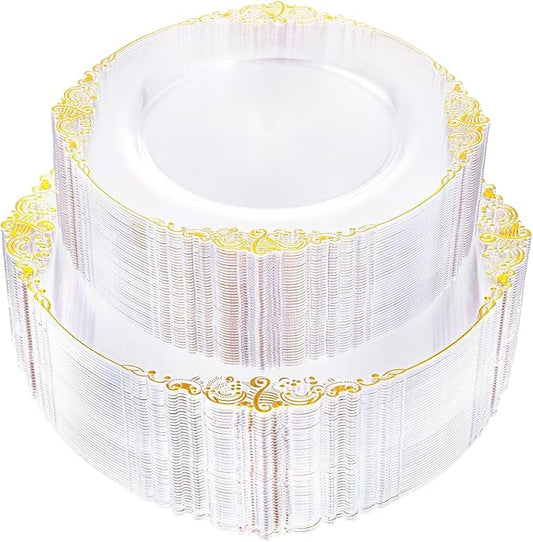 102PCS Clear Gold Plastic Plates - Clear Disposable Plates with Gold Rim - Elegant Party Plate Include 51PCS Dessert Plates, 51PCS Dinner Plate for Weddings & Parties