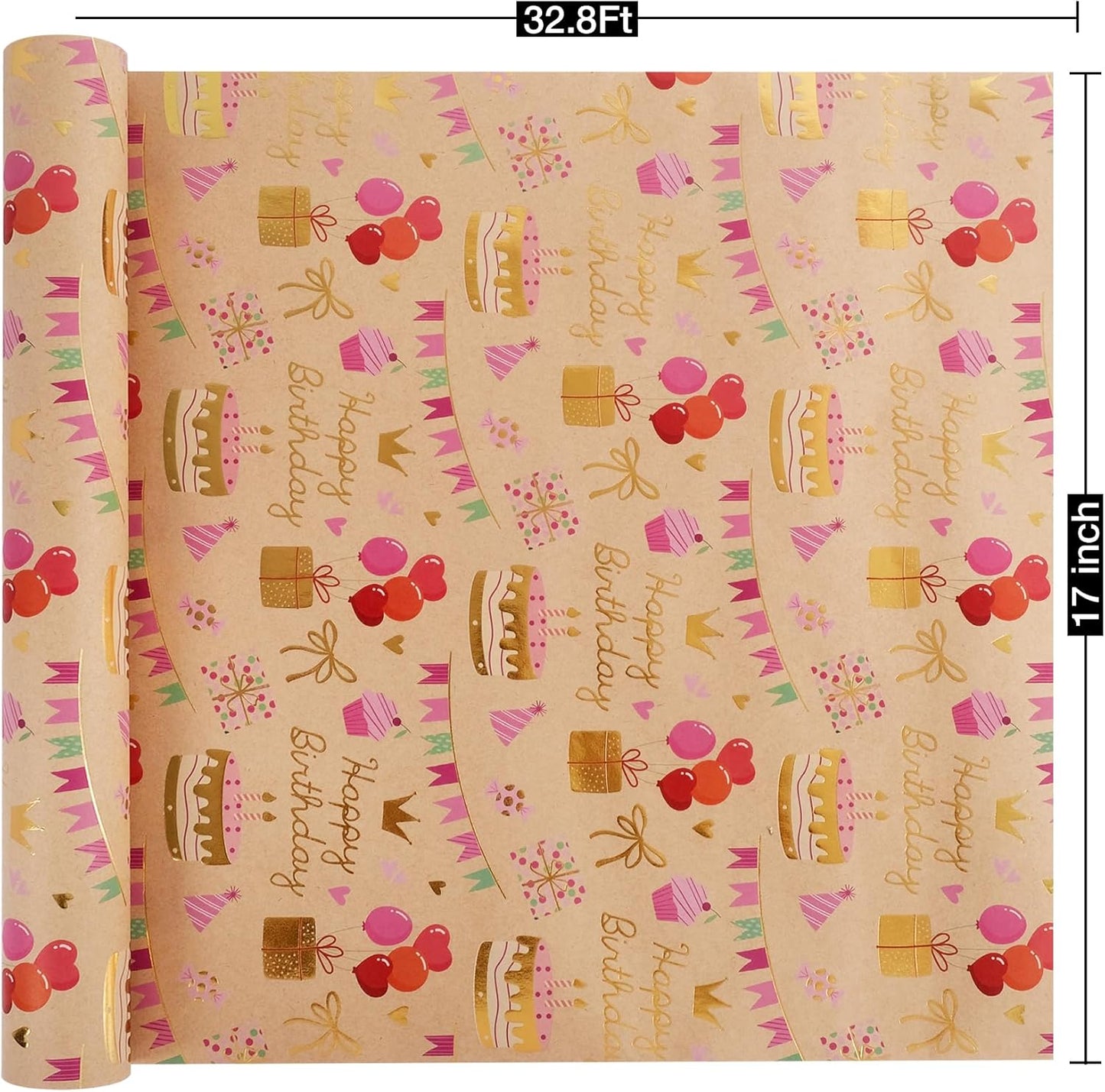 Aimyoo Birthday Wrapping Paper Roll - 17 Inch X 32.8 Feet - Gold Foil Celebration Cake, Gift Box,Happy Birthday Lettering Design Gift Wrap for Kids, Baby Showers