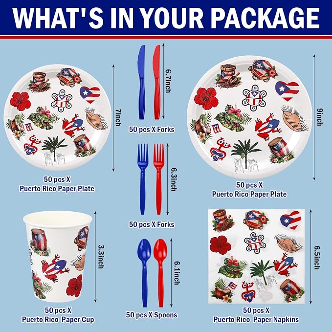 FoldTier 350 Pcs Puerto Rico Party Supplies Disposable Paper Plates Napkins Cups Puerto Rico Theme Birthday Party Decorations Tableware Flag Frog for Holiday Festival Family Friends Serve 50 Guests